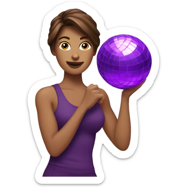 Brown hair woman holding purple disco ball and dumbbell sticker