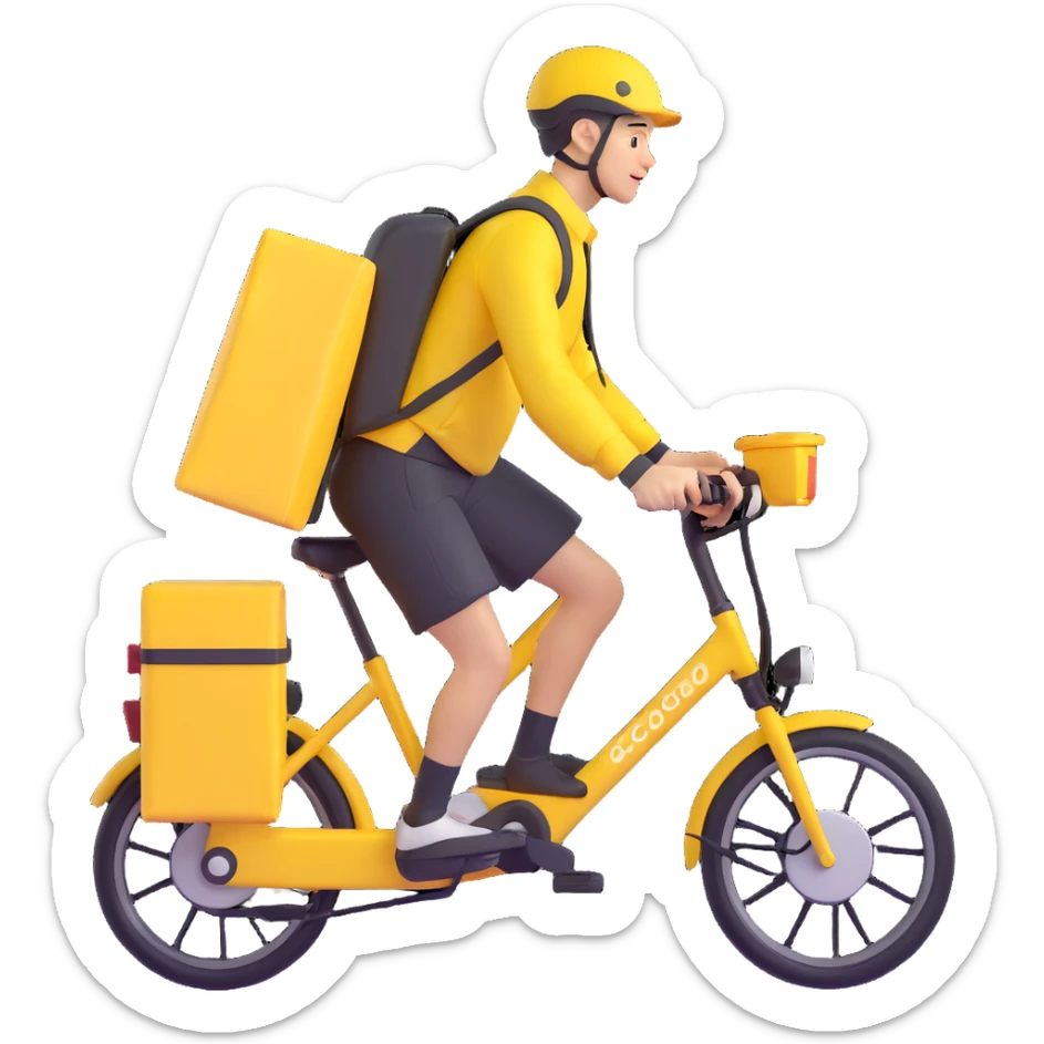 A courier on a yellow electric bike, wearing yellow and black clothes rides from left to right. On his back is a yellow food delivery bag. sticker