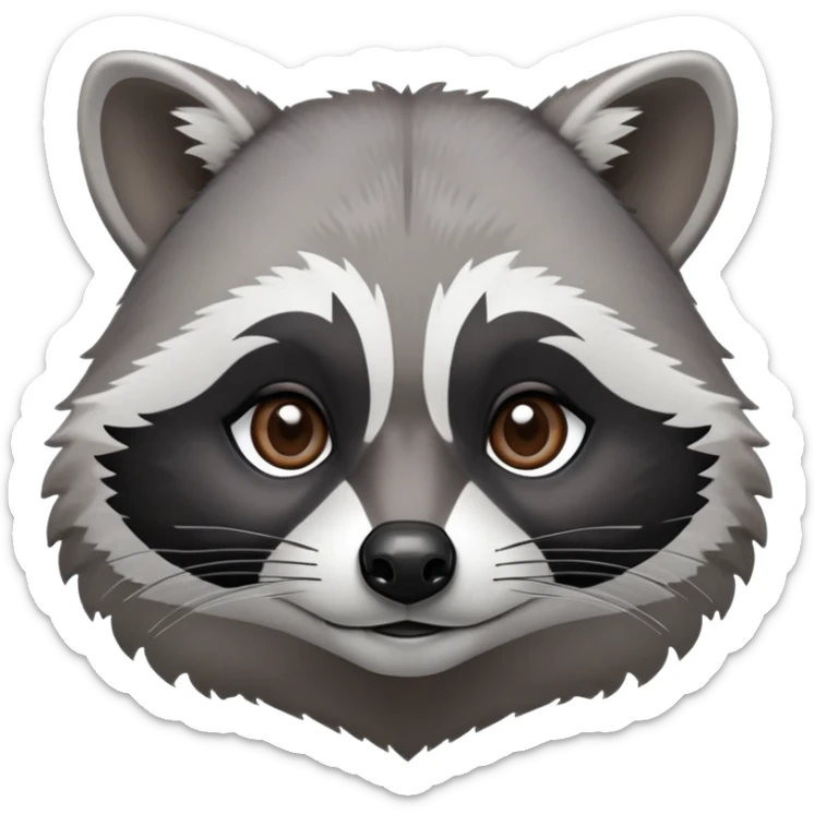Cinematic-Noble-Raccoon-Portrait-Emoji – Poised and confident, with a sturdy build and a beautifully textured fur of silver-grey accented by dark black facial markings, deep-set, intelligent brown eyes, simplified yet sharp and sophisticated zoom out to show shoulders sticker