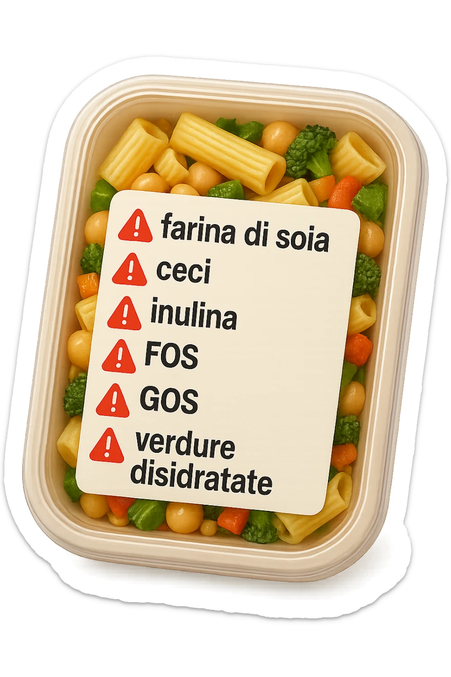 SU QUESTO STILE FAI UN EMOJI STILE IPHONE 3D DI UN insalata di pasta precotta preconfezionata con ETICHETTA CON GLI INGREDIENTI SCRITTI, "farina di soia, ceci, inulina, FOS, GOS, verdure disidratate" accanto ad ogni nome scritto mettici un segnale di allarme, FALLO MOLTO REALISTICO IN 3D sticker