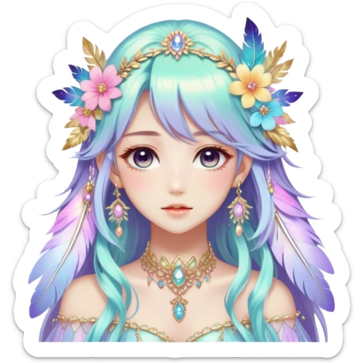 Beautiful gorgeous anime lady with beautiful iridescent-special-hair, fashion aesthetic, ethereal, fairycore, pastelcore, feather, flower, gems, accessories, jewelries, gold, colorful sticker