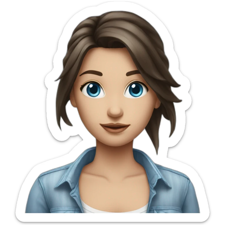 brunette girl with sky blue eyes in streaky shirt an jeans sticker