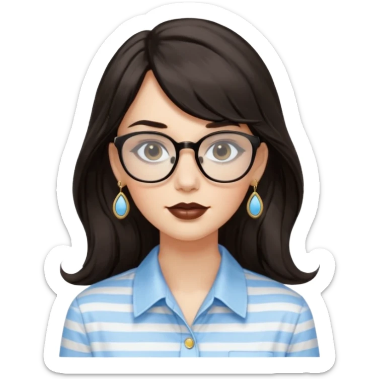 An emoji featuring a woman with long wavy dark brown hair and a whispy bang, wearing thick black square glasses, gold drop earrings. She has long lashes and a nude browny glossy lipstick. She's wearing an oversize light blue shirt with white vertical strips. sticker
