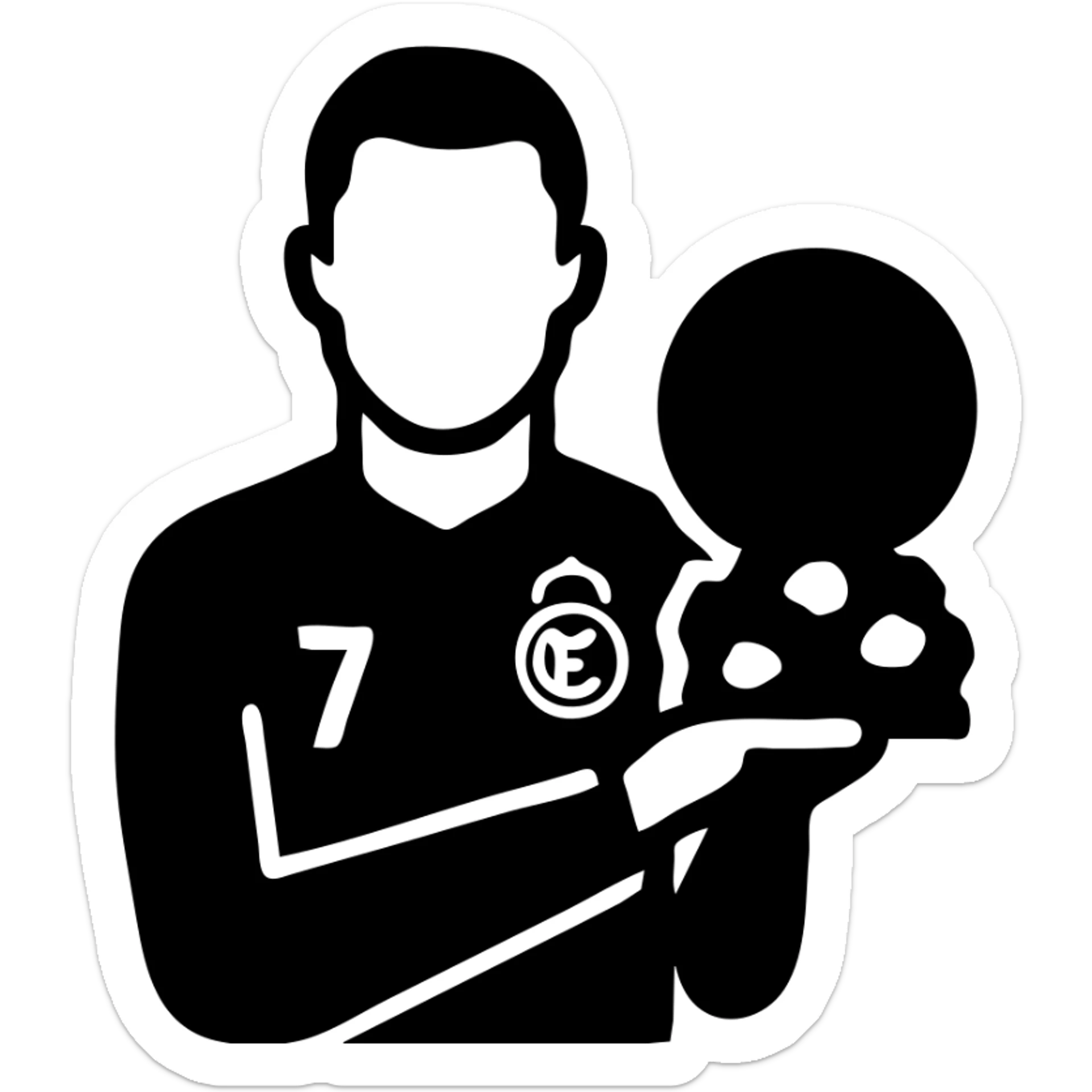 Cristiano Ronaldo in Real Madrid soccer uniform holding the Golden Ball trophy sticker