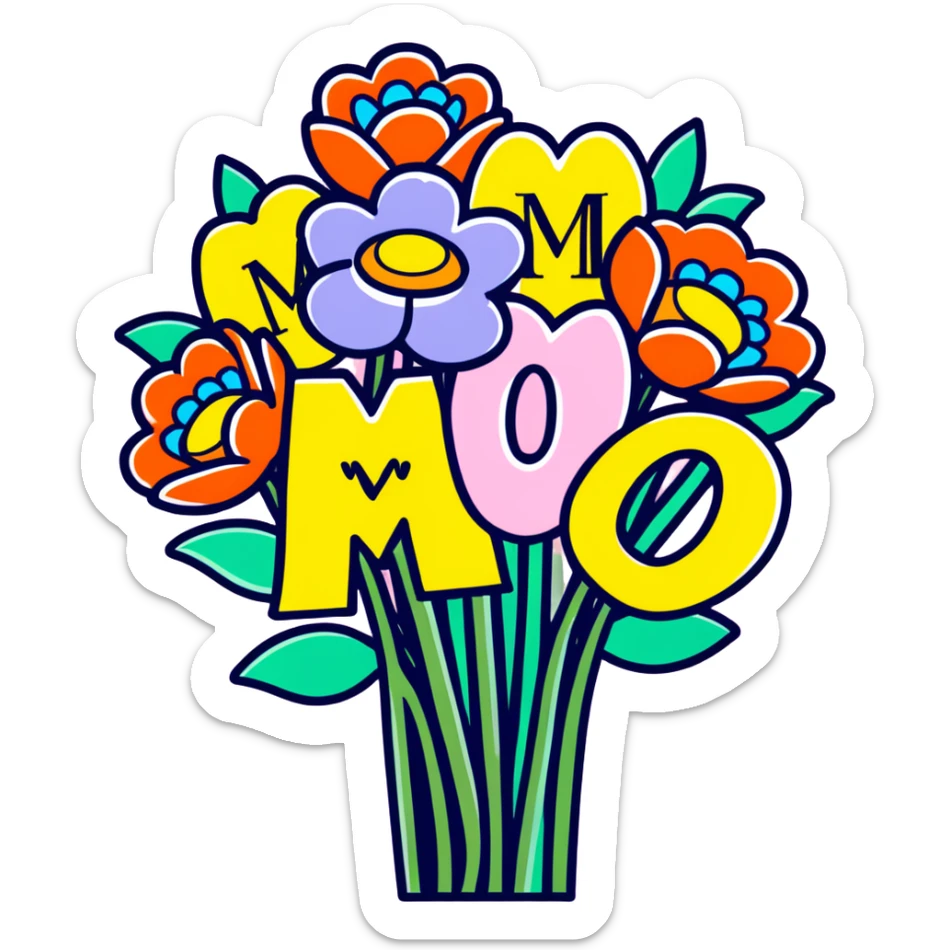 Mother's Day sticker, bouquet of flowers with 'Mom' text, colorful, cartoon style sticker