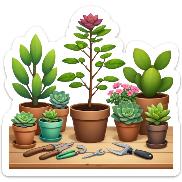 Close-up of a potted sapling with vibrant flowering plants around it, in rich soil. Sunlight filters through the window, casting soft shadows. Cozy indoor garden with blooming flowers, succulents, and gardening tools placed neatly on a wooden table. sticker