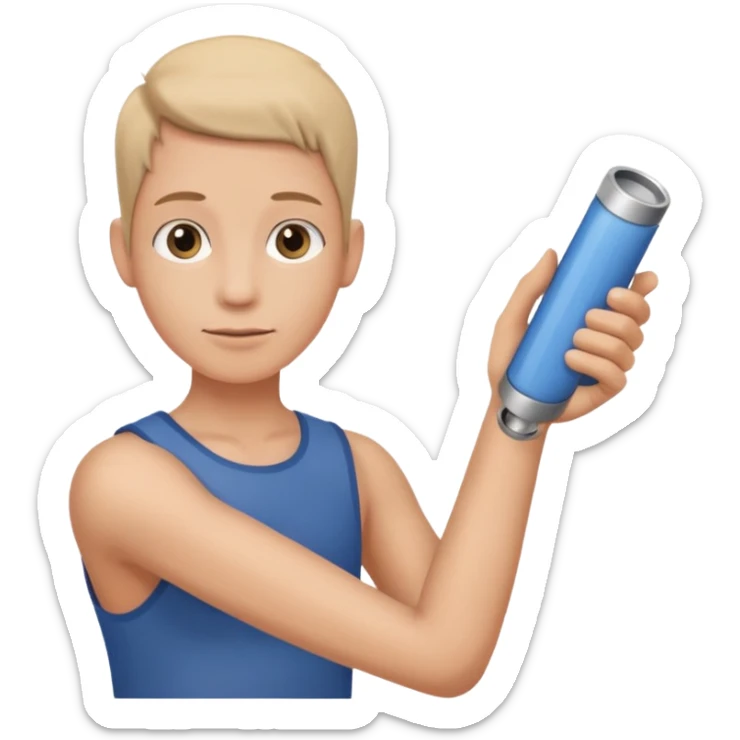 a beige skin colored hand holding a cylindrical tube, no sleeves, sticker