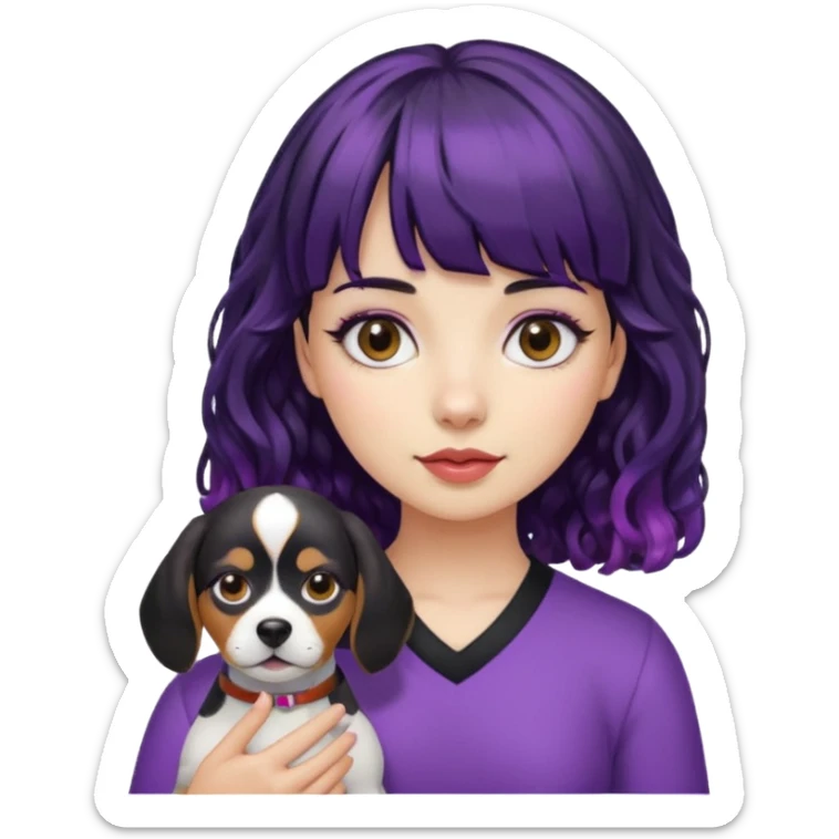 Girl with black curly hair with purple roots and blunt bangs holding a beagle sticker