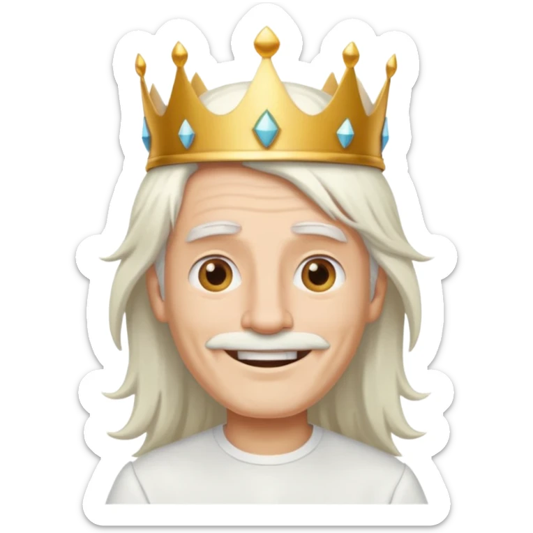 a smiling man with long white hair and has no beard wearing a white smart shirt and a crown sticker