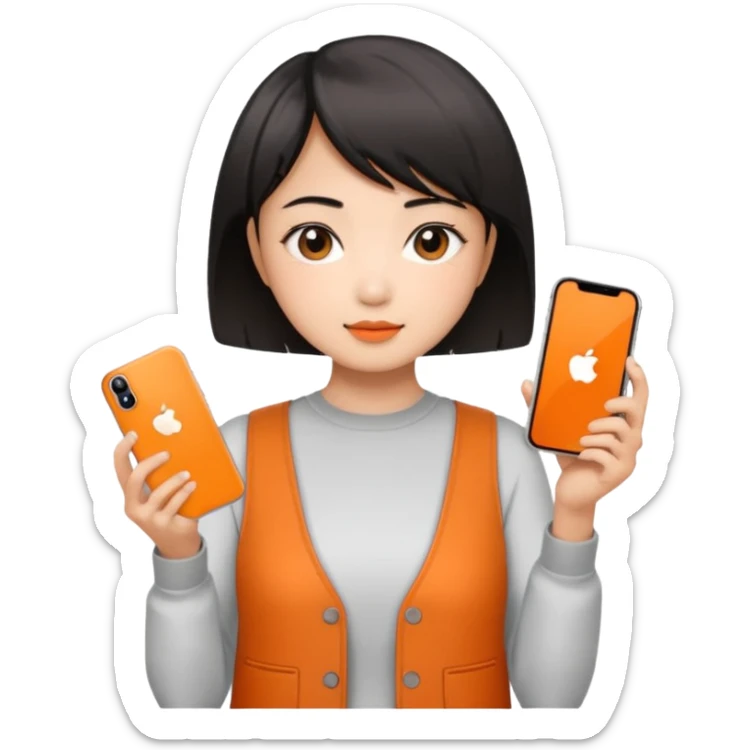 Asian girl with short hair girl holding iphone 17 pro orange sticker