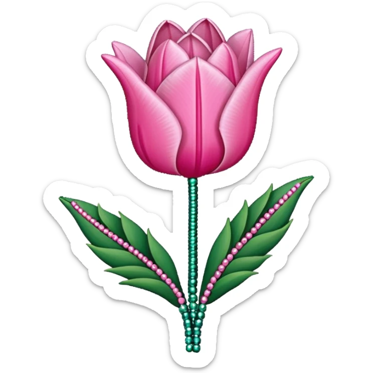 french beaded pink tulip flower with 2 leaves, handmade with glass beads, no background sticker
