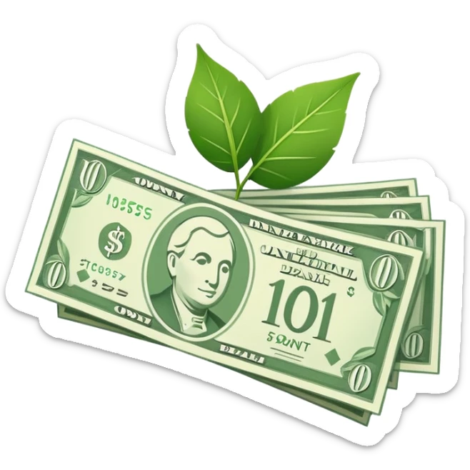 Minimal line-art icon of a money bill with a leaf symbol on the corner, clean modern style, simple outlines, slight 3D, no background, transparent, represents pure and ethical income. sticker