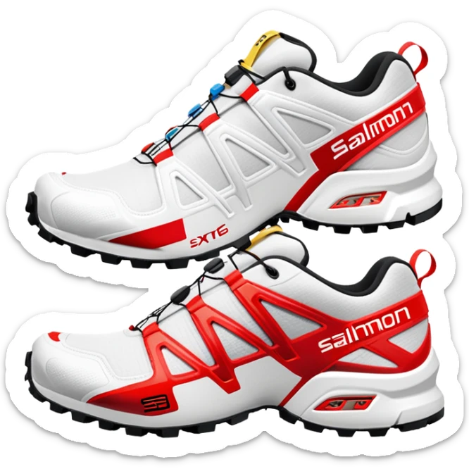 White Salomon XT-6 shoes with the signature colored speedcross stripe running through the middle, red Salomon logo stripe, one shoe behind the other, iOS emoji style, rest of the shoe pure white sticker
