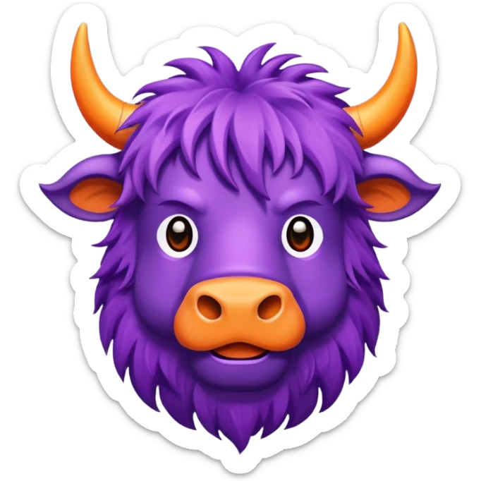 a purple yak Head with pieces of orange paper hanging in his head sticker