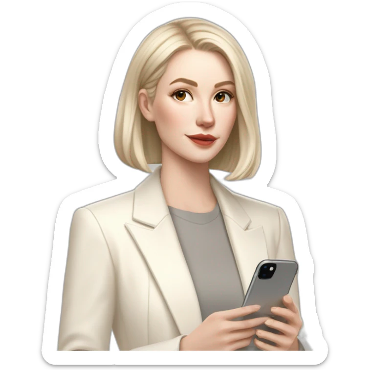 pale skin woman with ash blonde Straightened bob Hair, White Spacious classical jacket, beige palazzo Arrow pants and gray blouse holding white IPhone 15 pro in the hands sticker