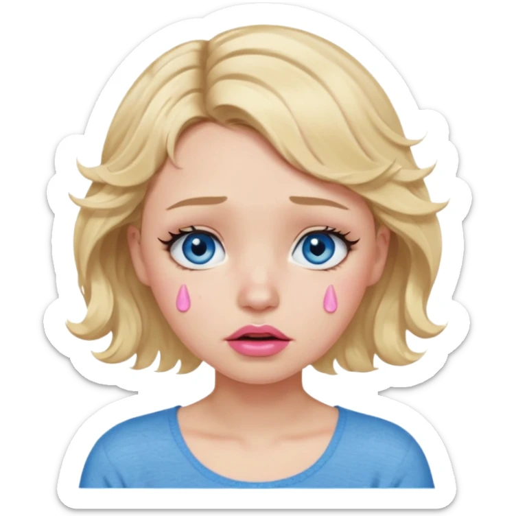 Girl Blonde short wavy hair,  blue eyes, cute blue top, long lashes, pink lips,crying with big tears running down the face  sticker
