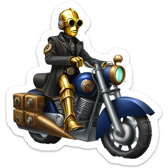Bounty hunter C-3PO wearing a pair of navy-blue rimmed steampunk goggles, hat, leather chaps, fringe jacket riding a fast 3 wheeler trike steampunk motorcycle on ice  sticker