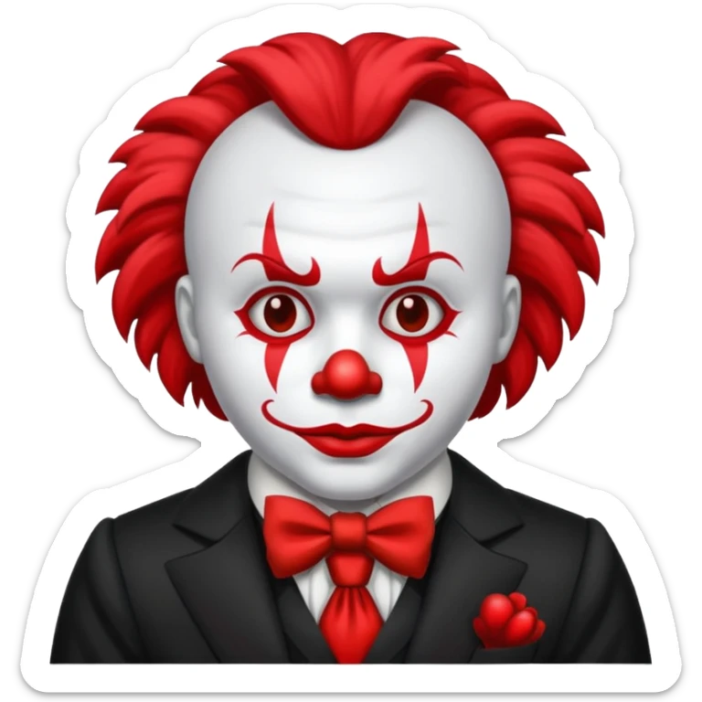 Crea un payaso que tenga toda la cara absolutamente toda la cara blanca, junto con la parte del pelo que sea blanco, pero que no tenga pelo con unos cuernos negros y que tengo un traje de payaso negro con rojo sticker