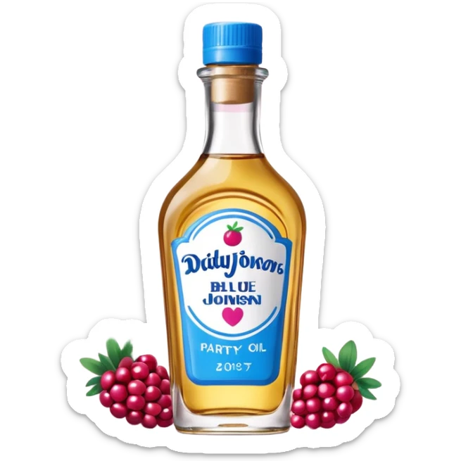 bottle of oil blue top pink outside with logo that says Diddy Party oil Johnson and Johnson  brand with a smiling berry on top sticker