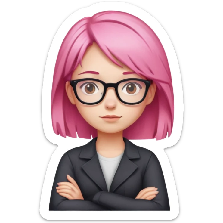 Girl with pink hair and glasses crossing her arms looking confident sticker