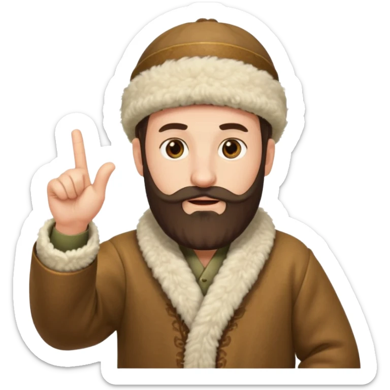 Create an emoji-style illustration of a Caucasian man from the Caucasus region, wearing a traditional woolen papakha hat and a robe made of sheepskin. He has a thick beard and is pointing one finger upward. The style should be simple and expressive, like an emoji. sticker