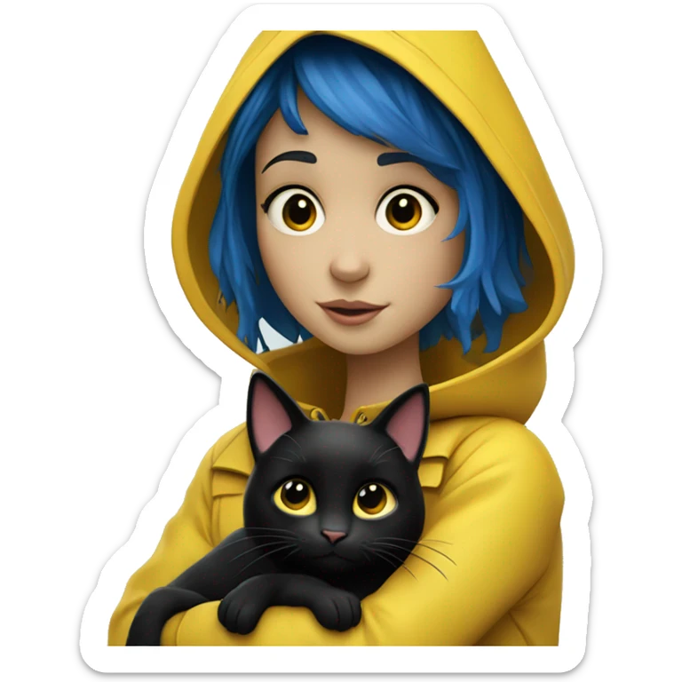 Coraline Jones 	•	“A brave young girl with short blue hair, wearing a yellow raincoat, jeans, and rain boots, holding a black cat, with a curious and adventurous expression.” sticker