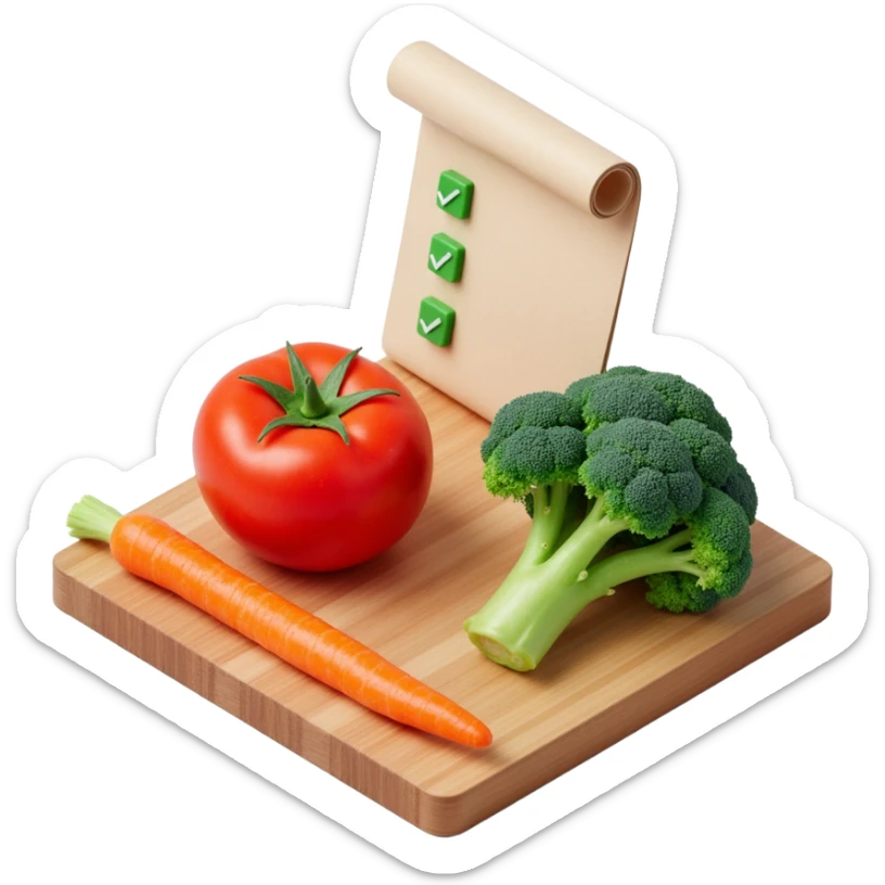 carrot tomato brocoli on the wooden cutting board with floating rolled paper list with green checkboxes sticker