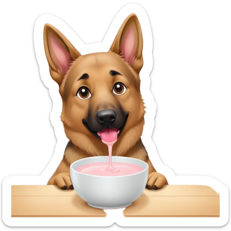 A German shepherd drinking yogurt out of a bowl in side of a house sticker