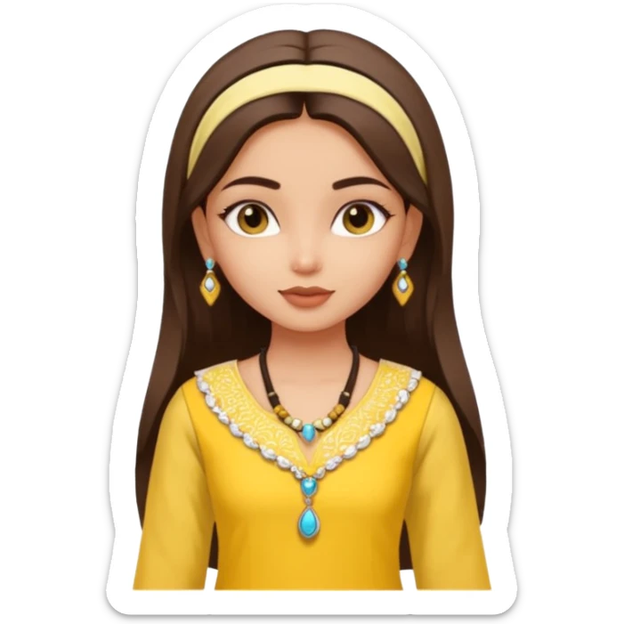 generate an ios genmoji in a bratz style of a fair beautiful indian girl wearing a casual kurti (yellow) with dupatta in white sticker