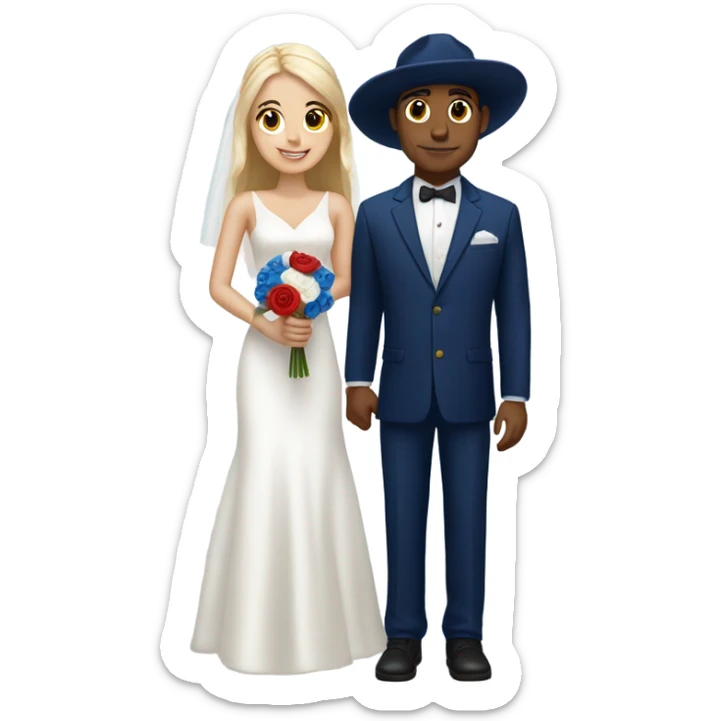 Puerto rican beard short hair with blue hat and navy blue suit getting Married with blond long hair girl with white  wedding dress  sticker