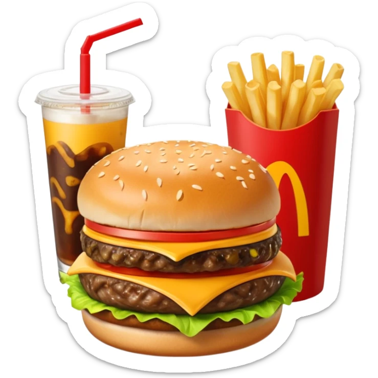 i want a Cheeseburger and Fries with a angle to 15–20° gentle bird’s-eye angle with a cold drink with ice cube with straw with some fries thicker like McDonald's french fries sticker