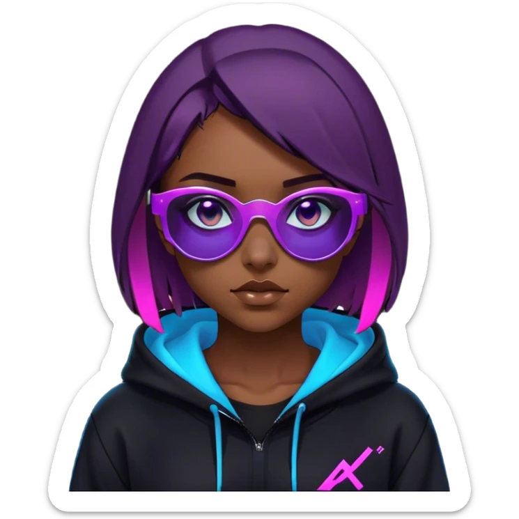 
girl with brown bob and blue eyes in a black hoodie and sunglasses. Cyberpunk style. Violet neon. sticker