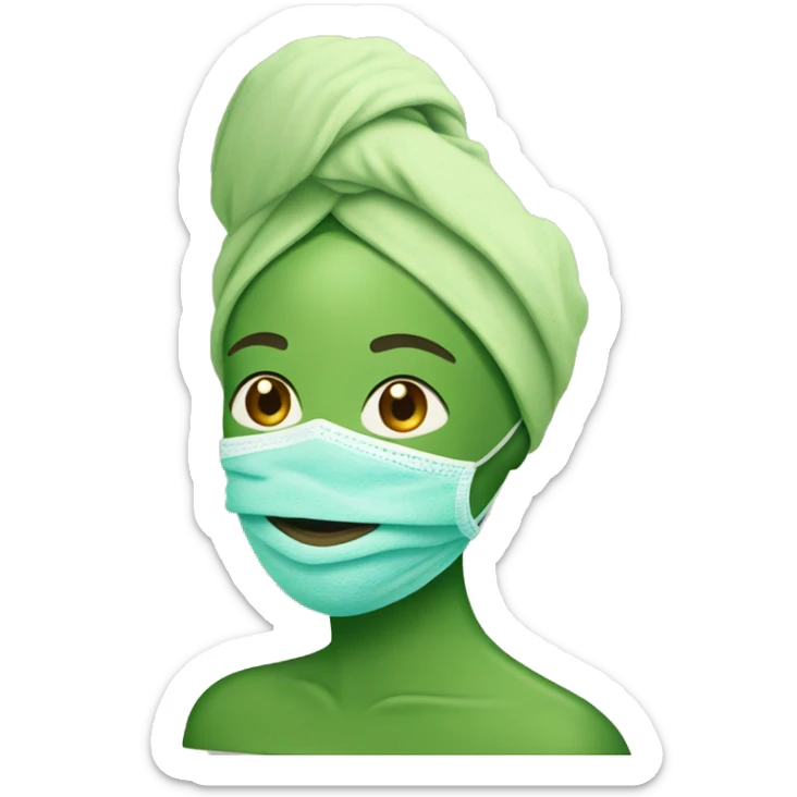 A woman with a wrapped towel on her head, green face mask, and cucumbers on her eyes  sticker