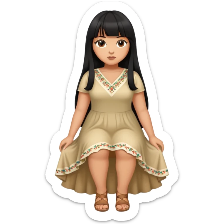 Latina girl with bangs black long hair plus size dress and crossed legs sticker