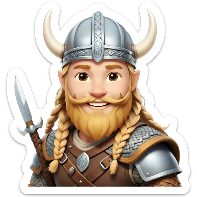 Clash of Clans aesthetic: Cinematic Cheerful Viking Portrait Emoji, With a bright, confident smile and a relaxed, adventurous stance, showcasing a stylized, spirited build with a classic Viking helmet and braided hair, his natural skin tone lending authenticity, Simplified yet expressive features, highly detailed, glowing with a soft, golden Nordic radiance, high shine, upbeat and courageous, stylized with an air of classic Viking heroism, soft glowing outline, capturing the essence of a cheerful Viking ready to embark on legendary quests! sticker