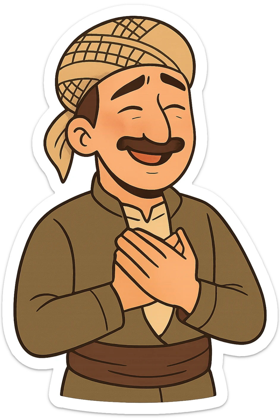 Kurdish man or woman in jamadani, cartoon style, feeling grateful, hands on chest, warm smile, no text sticker