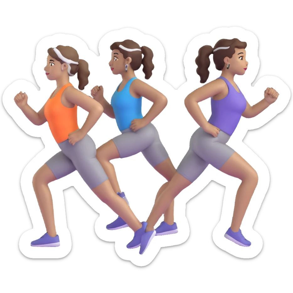 three women friends exercising together, one black woman with curly brown hair, one pale white woman with curly brown hair, and one white woman with straight brown hair in a ponytail positioned on the right sticker