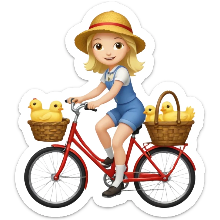 A flat toon cartoon girl riding a bicycle with a basket full of baby chicks, 1:1 square ratio. sticker