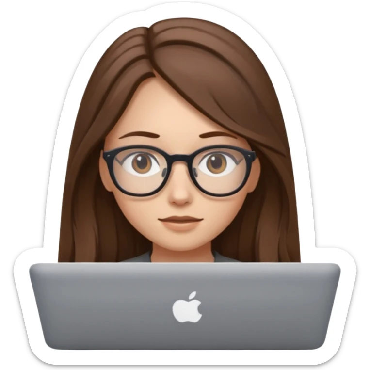 Girl in glasses,brown long hair,with gray MacBook sticker