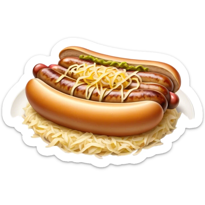 Bratwurst Cinematic Realistic Bratwurst Dish Emoji, depicted as a grilled bratwurst topped with a generous serving of shredded sauerkraut, rendered with rich textures and dynamic, appetizing lighting. sticker