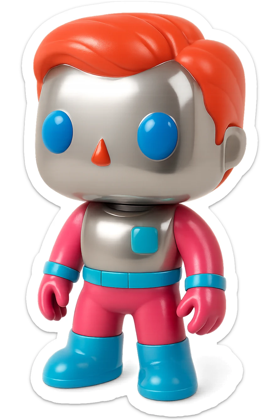 Apply vivid, playful, and saturated colors to the eyes, hair, and outfits of each Funko Pop figure, while keeping their skin and main body chrome and reflective. The chrome look should remain prominent and shiny, with the added colors making the details pop vividly. sticker