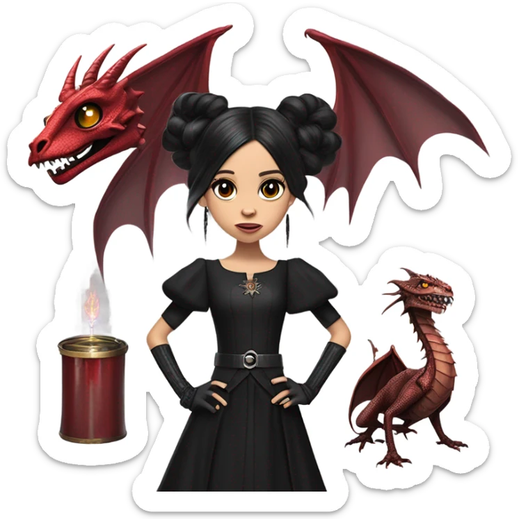 surprised Lavish Victorian black evening gown with gloves, Jenna Ortega as Addams girl Jedi wearing a steampunk mini tiara, very large blood red evil-looking horned dragon sticker