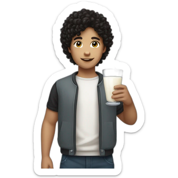A pasty white teenage boy with dark black curly hair holding a wineglass of milk sticker