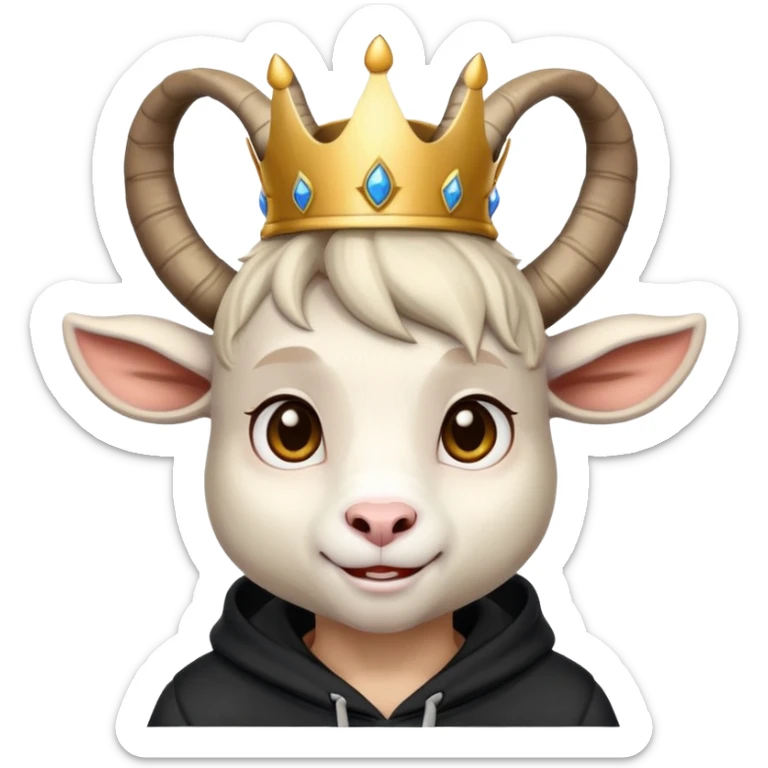 Goat with horns wearing black hoodie and a royal crown love sticker