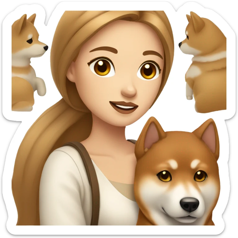 beautiful woman, straight long light brown hair, brown eyes with Shiba Inu sticker