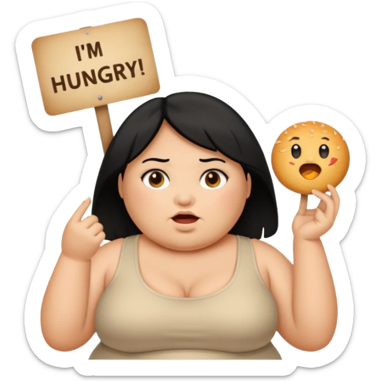 Una señora gorda con cabello negro y p olo corto con un letrero de tengo hambre sticker