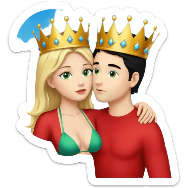 Blonde Queen with crownGreen eyes in Bikini kissing Male subject without crown black hair blue eyes Background sky sticker
