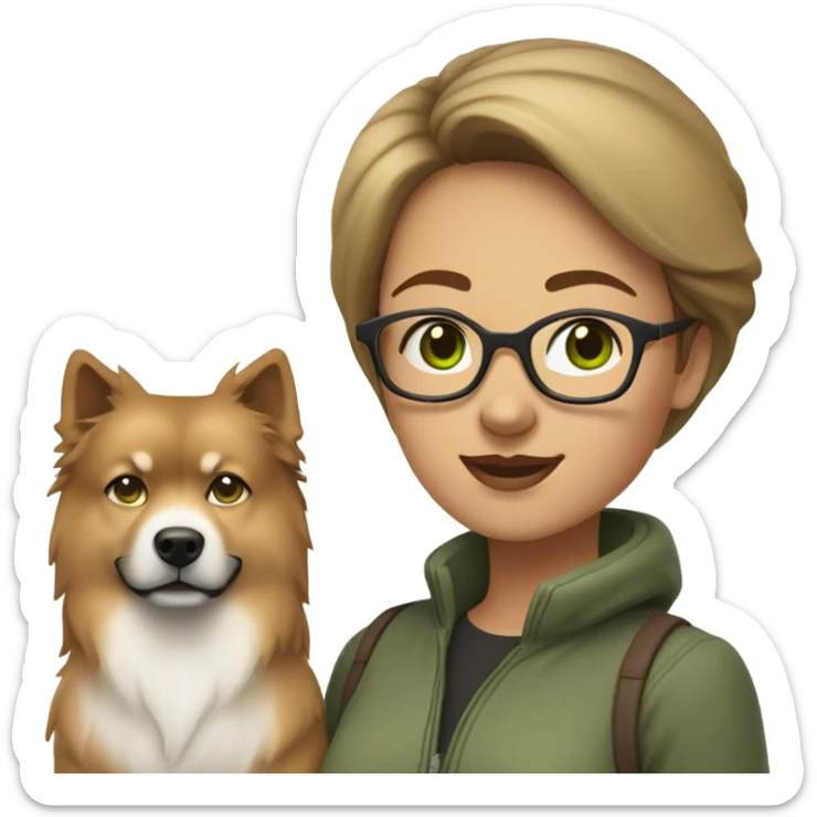Brown light hair woman aux Green eyes with glasses Green eyes and White eurasier dog  sticker