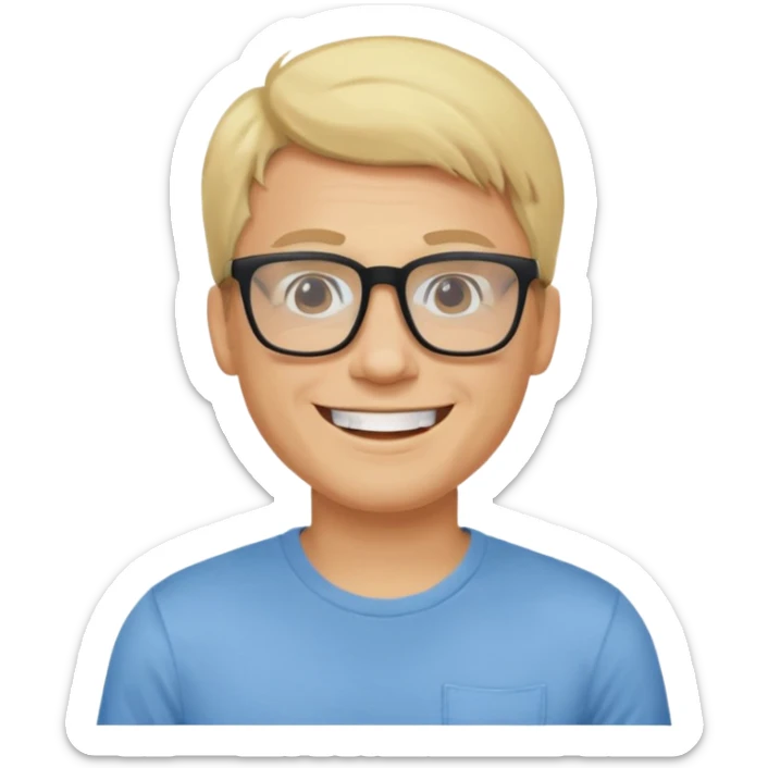 portrait of adult man no old man, wearing a t-shirt, square glasses, grinning face, blond hair sticker