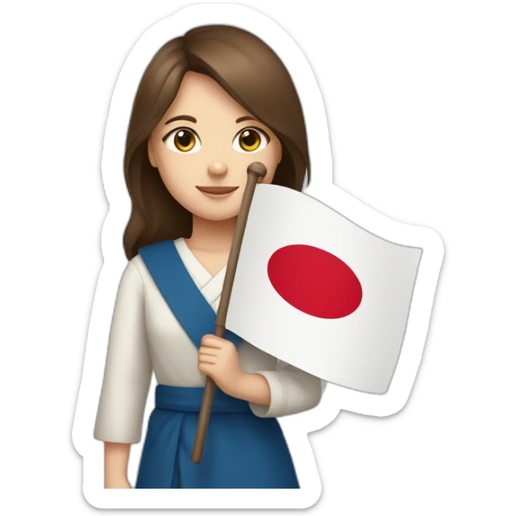 Girl with brown hair and blue eyes holding the flag of Japan sticker